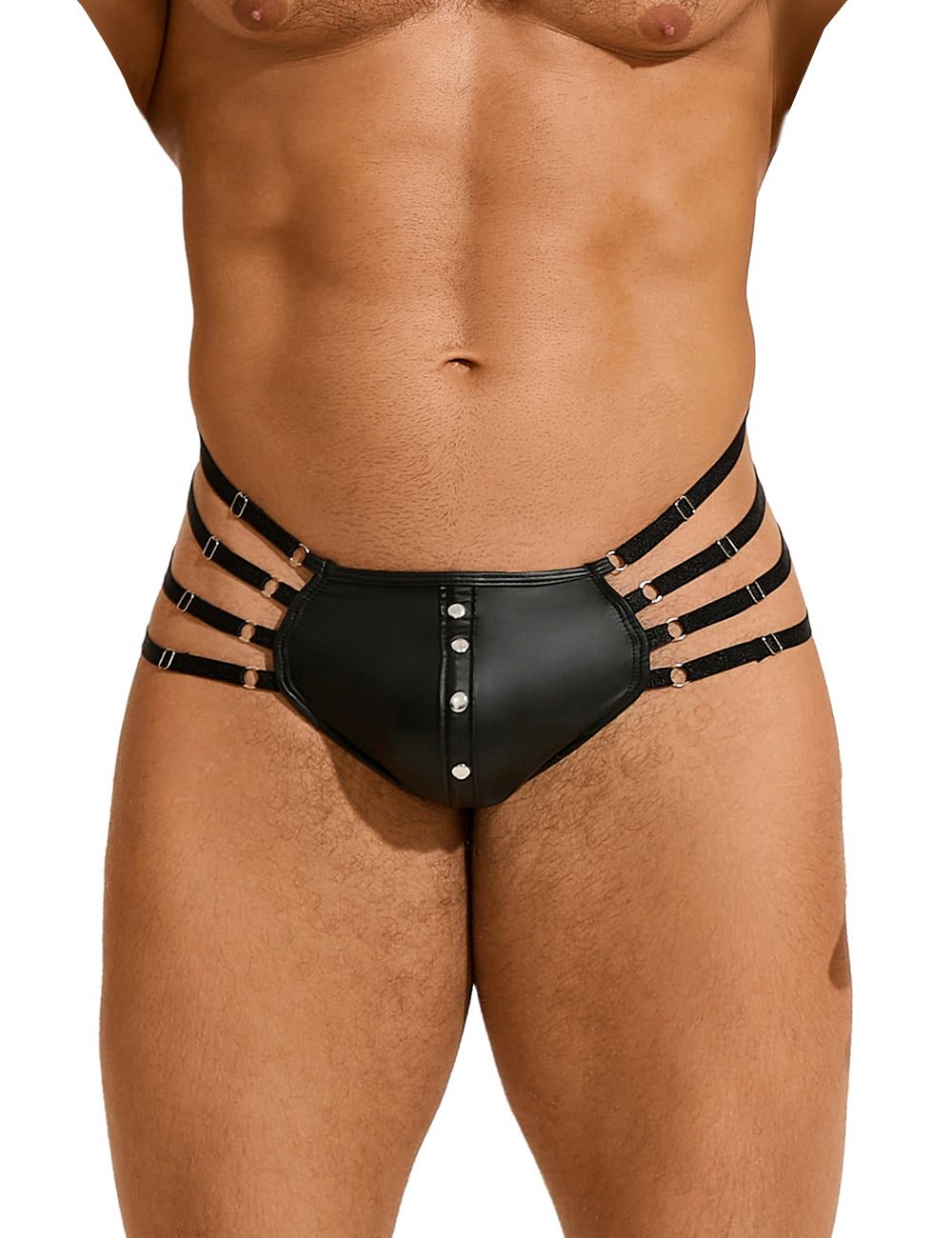 Herren Wetlook String Tanga Schwarz Harness Lack Leder Bänder Nieten M/L - MP280-1