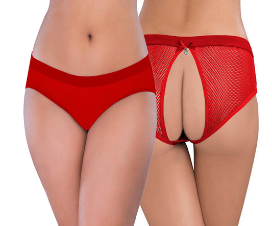 Women's net briefs open red bottom panty lingerie with bow rhinestones S/XL