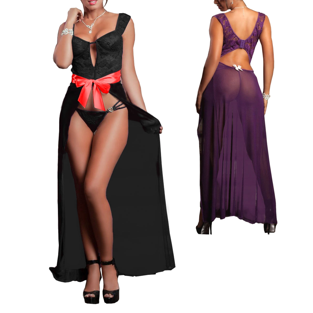 Long women's lingerie lace satin gogo black red body lingerie set C-string size S/36