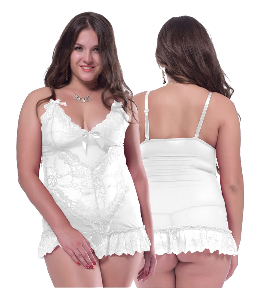 Damen Reizwäsche Träger Dessous Weiß Spitze Babydoll Schleifchen + Tanga L/XL