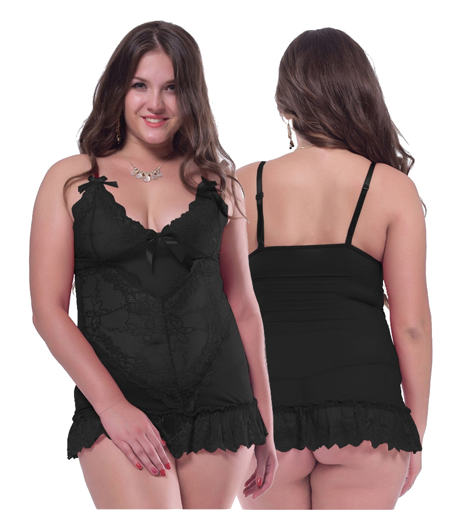Damen Reizwäsche Träger Dessous Schwarz Spitze Babydoll Schleifchen + Tanga L/XL