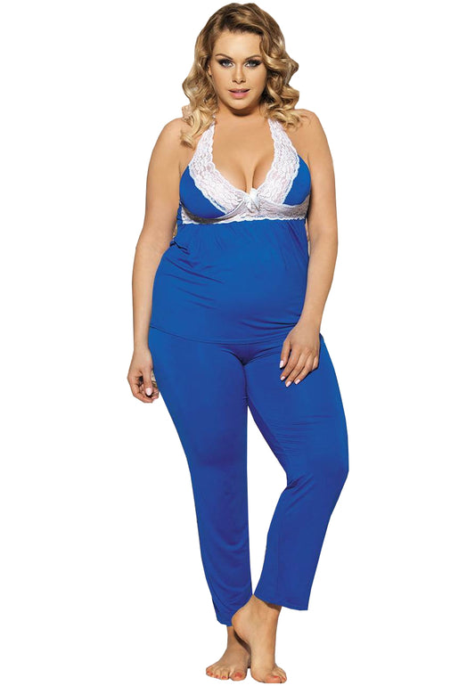Pajamas Pyjamas Big Size Slim Fit Blue Halterneck Two-Piece Pants Suit L/XL