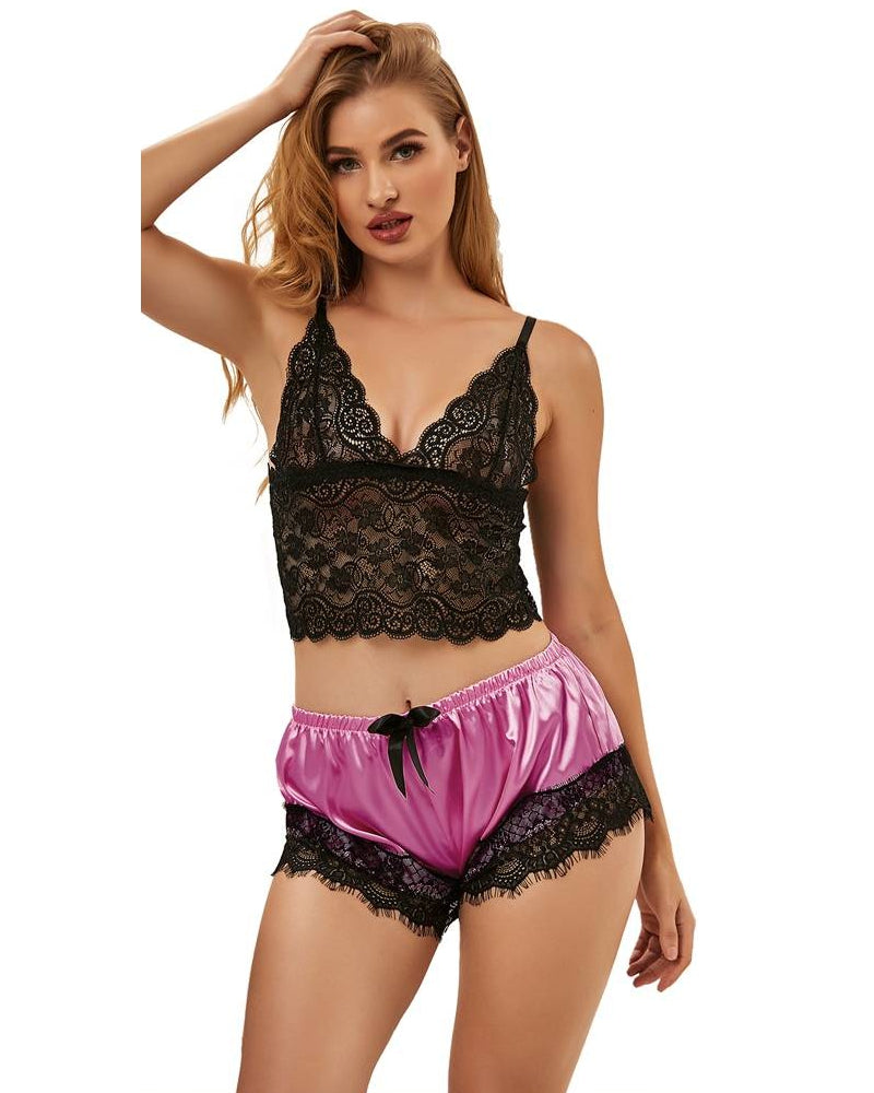 Women's Lace Satin Pyjama Set Two Piece Sleepwear S/XL - R80938