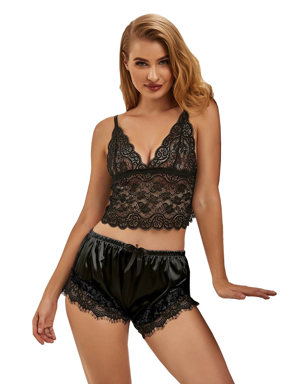 Women's Lace Satin Pyjama Set Two Piece Sleepwear S/XL - R80938