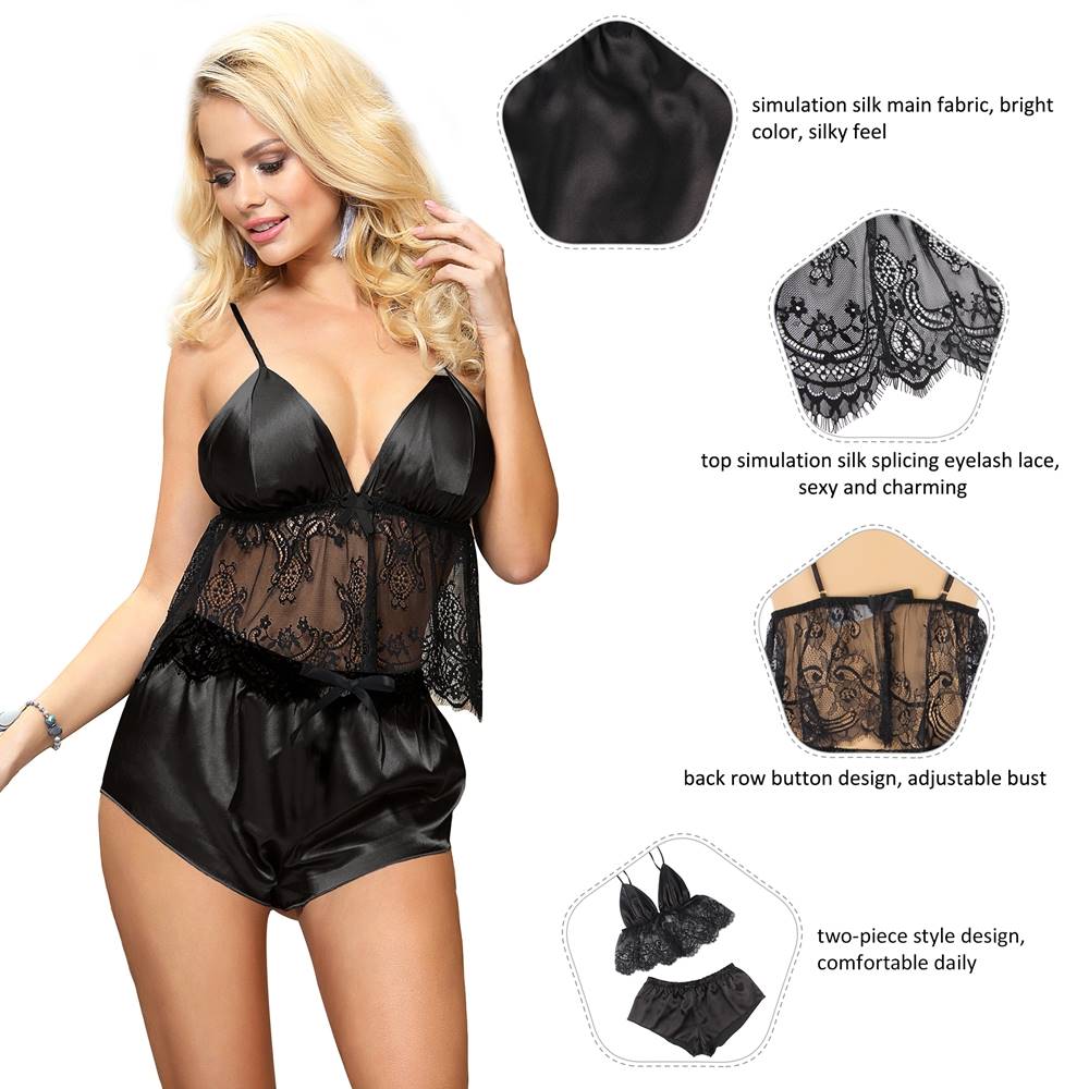 2-piece pajama lingerie set lace shorts silk transparent open women's underwear M-XL - R80960-2