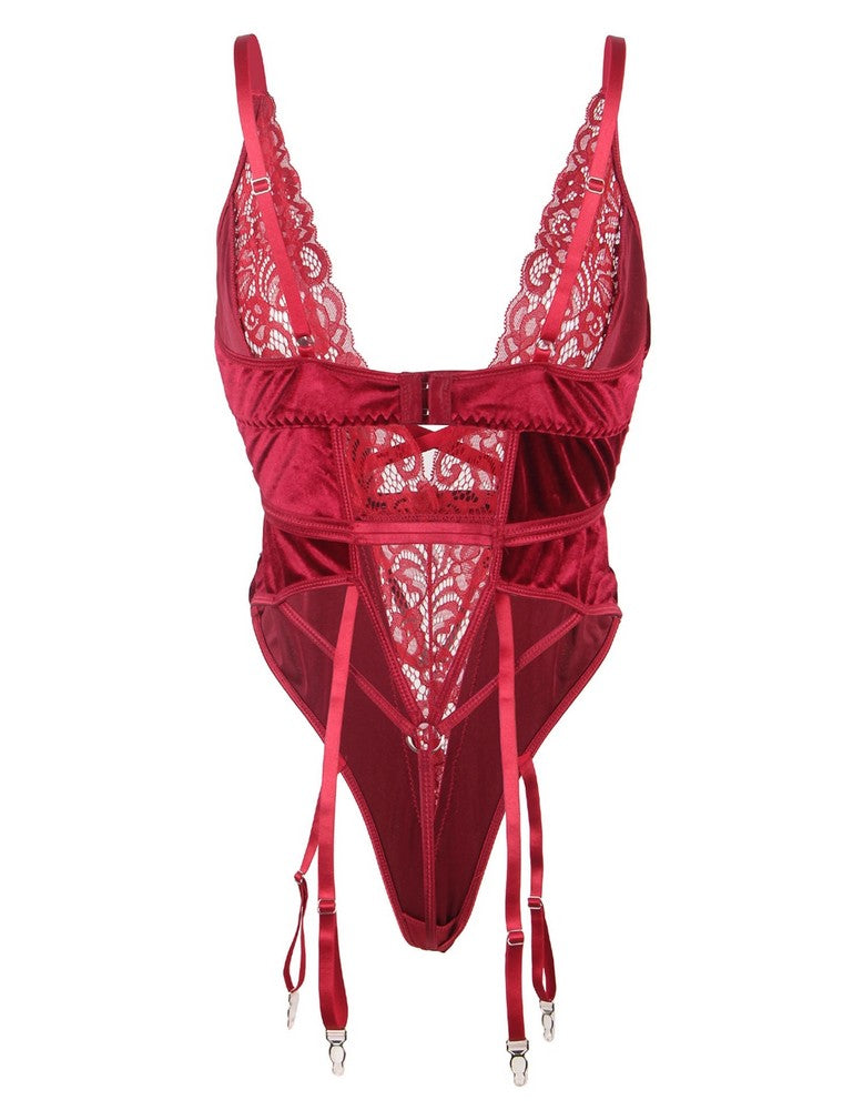 Bodysuits Garter Belt Sleeveless Body V-Neck Velvet Underwear Floral Lingerie S/XL