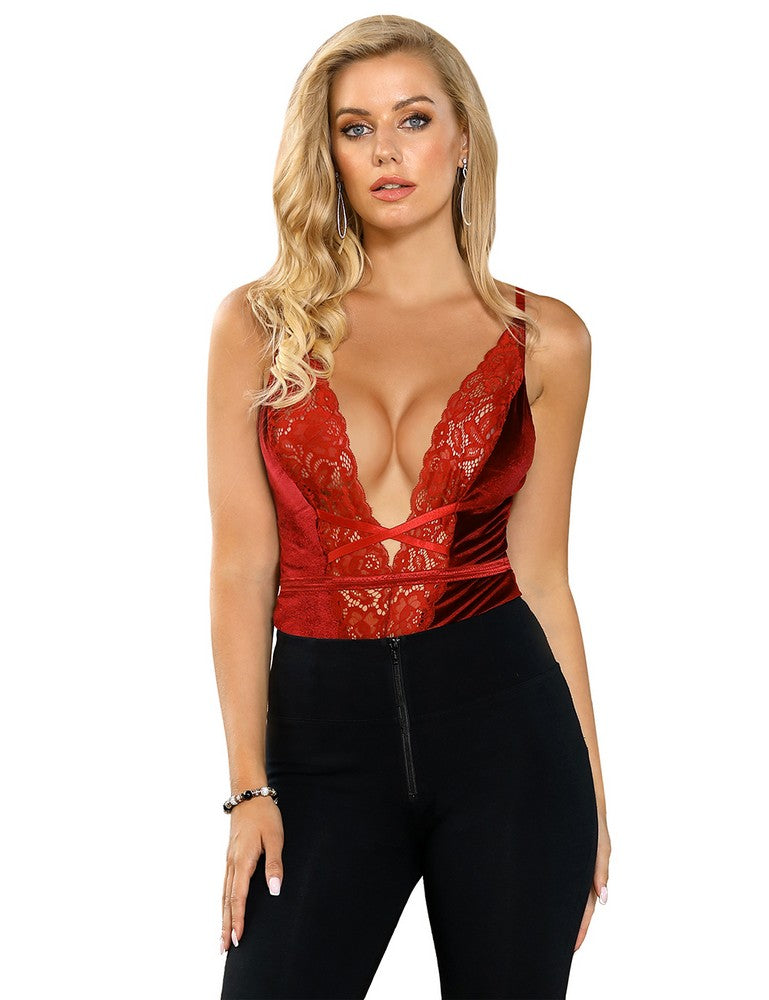 Bodysuits Garter Belt Sleeveless Body V-Neck Velvet Underwear Floral Lingerie S/XL