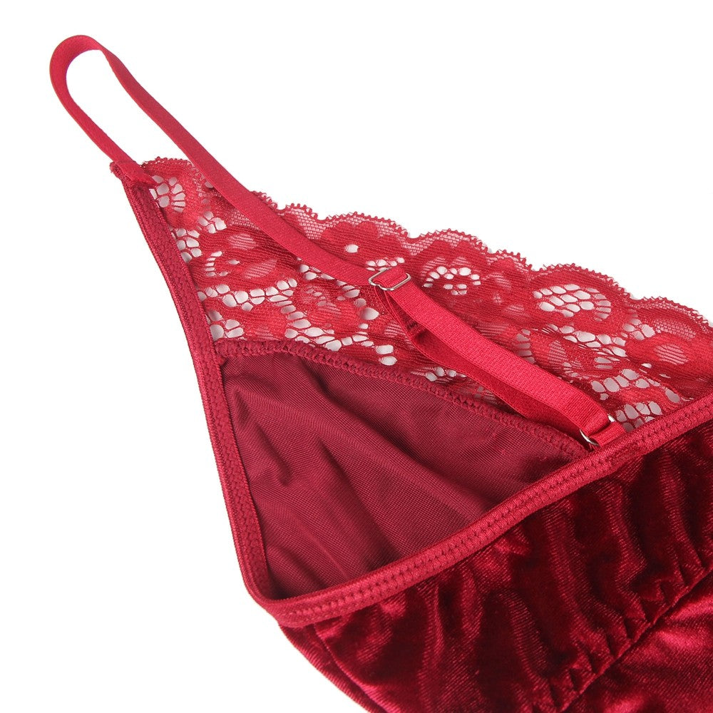 Bodysuits Garter Belt Sleeveless Body V-Neck Velvet Underwear Floral Lingerie S/XL