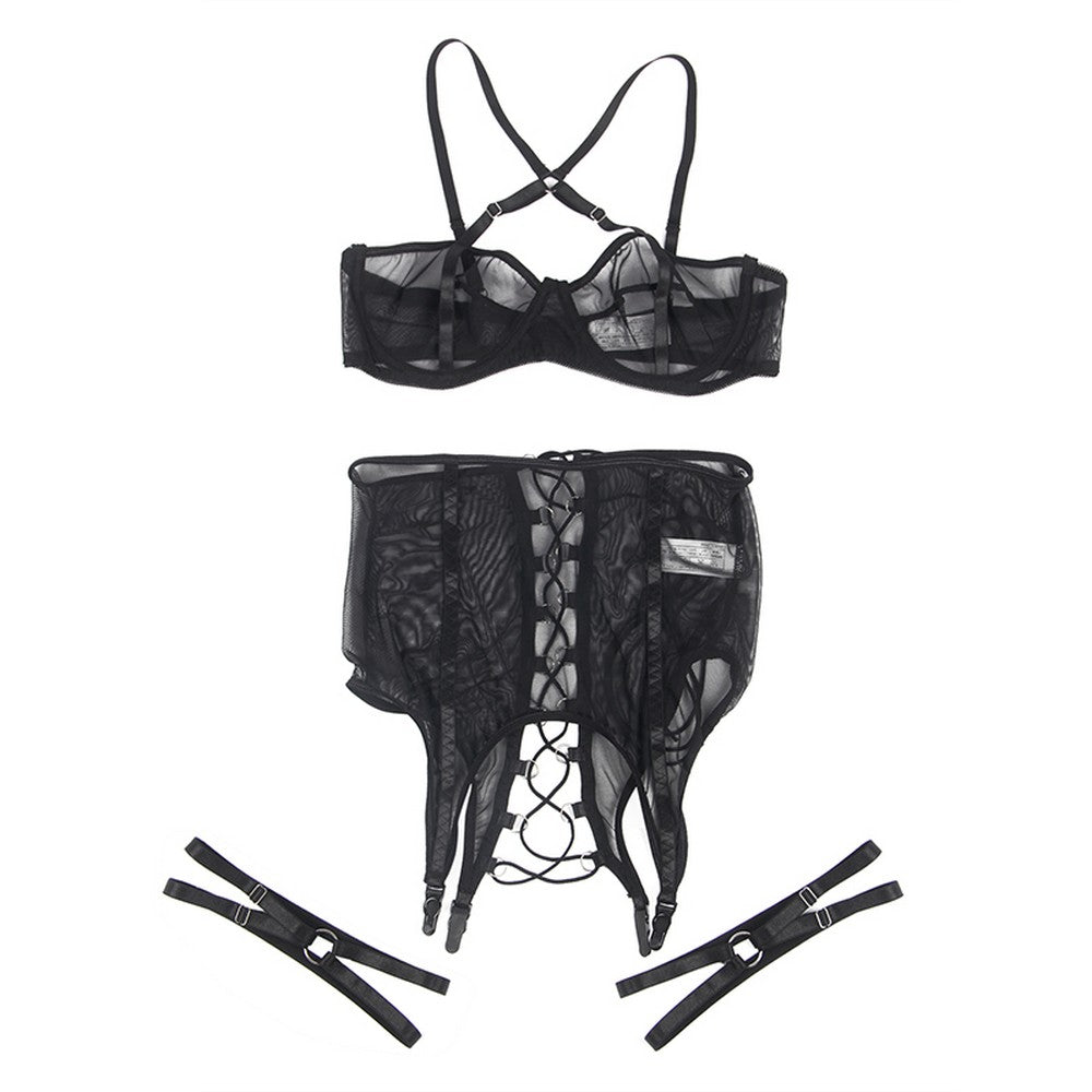 NEW Transparent Mesh Lingerie Set Harness with Underwire Garter S/XL - R81183