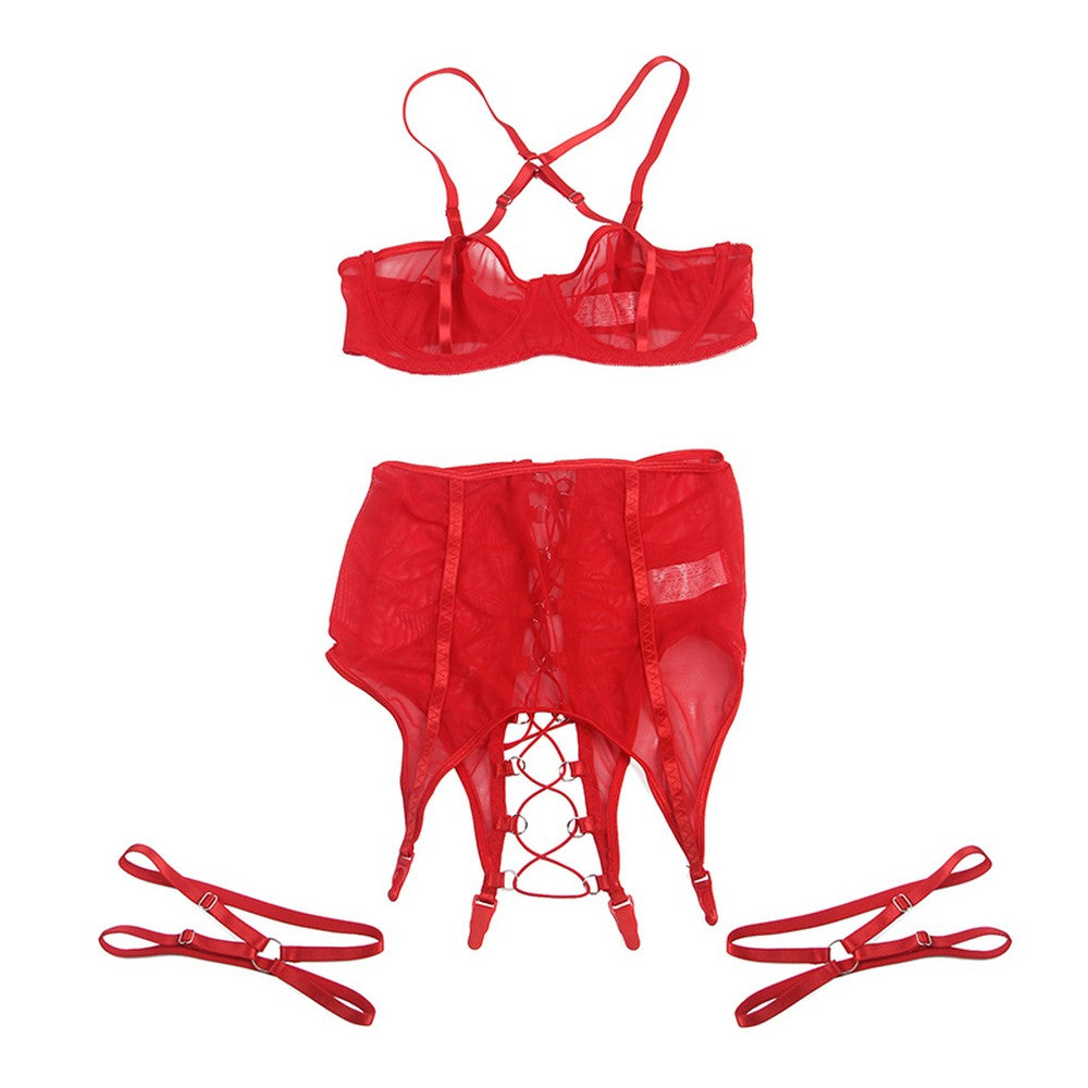 NEW Transparent Mesh Lingerie Set Harness with Underwire Garter S/XL - R81183