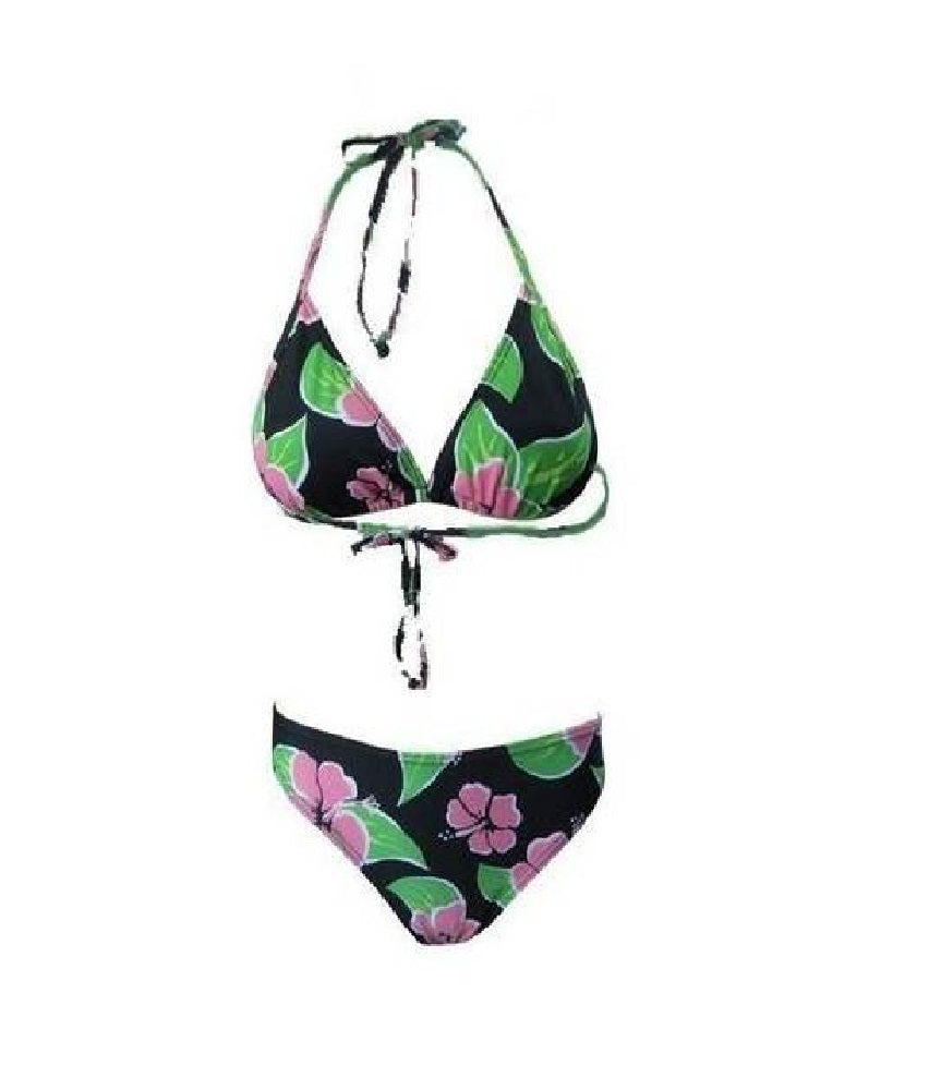 Sexy Women's Halterneck Bikini Set Swimsuit Black Green Floral Beach Monokini Size M
