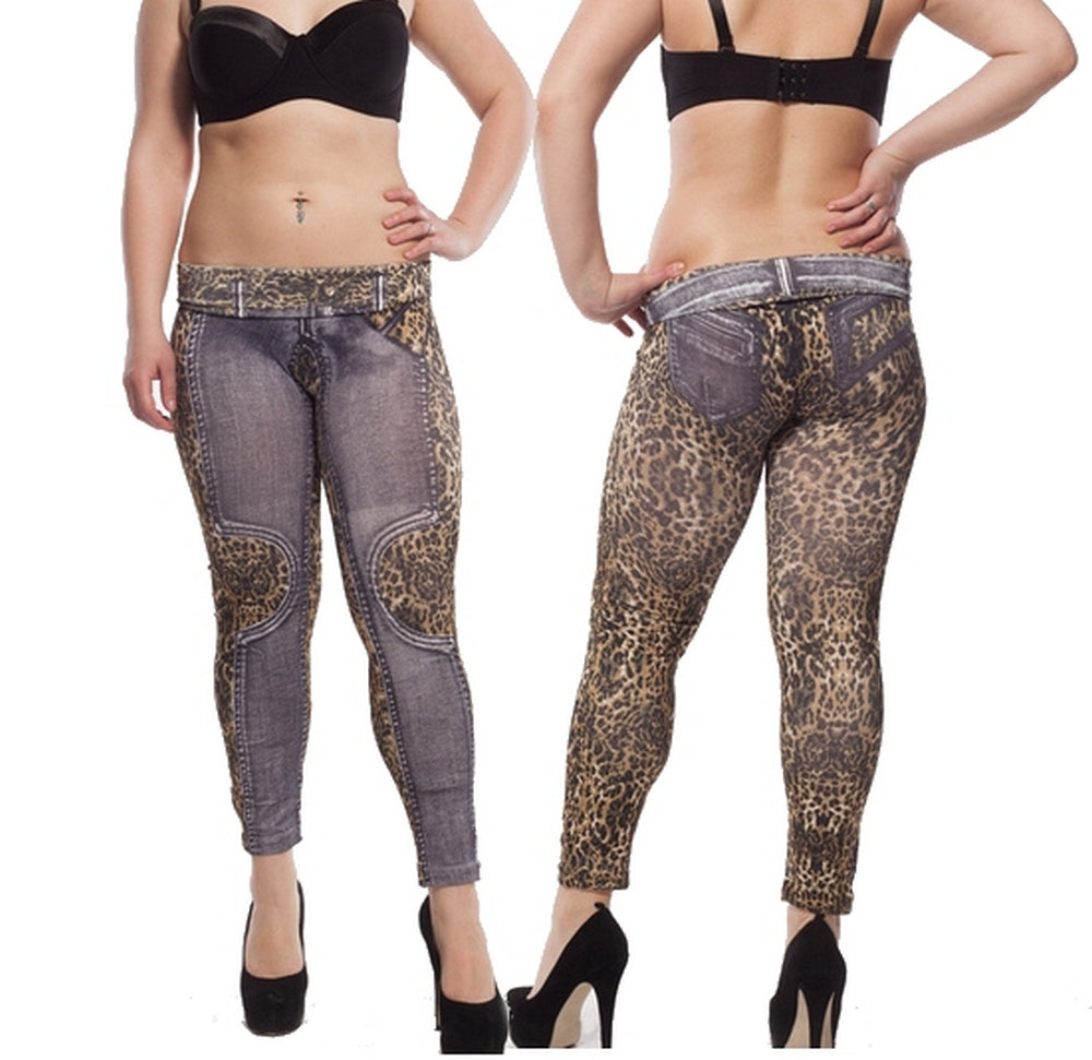 Leoparden Stretch Leggings Umstandshose Leo Grau Treggings Jeggings Jeans L/XL