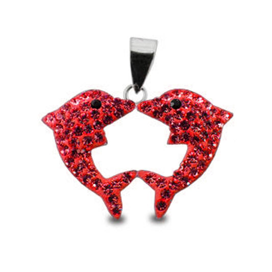 925 Sterling Silver 3D Dolphin Heart Pink Pendant Rhinestone Chain Zirconia Charms-Copy