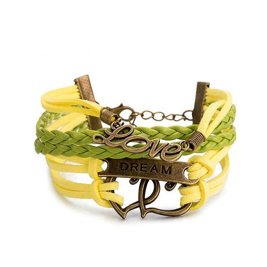 Unisex Leather Bracelet Hearts Dream Yellow Surfer Style Jewelry 17cm