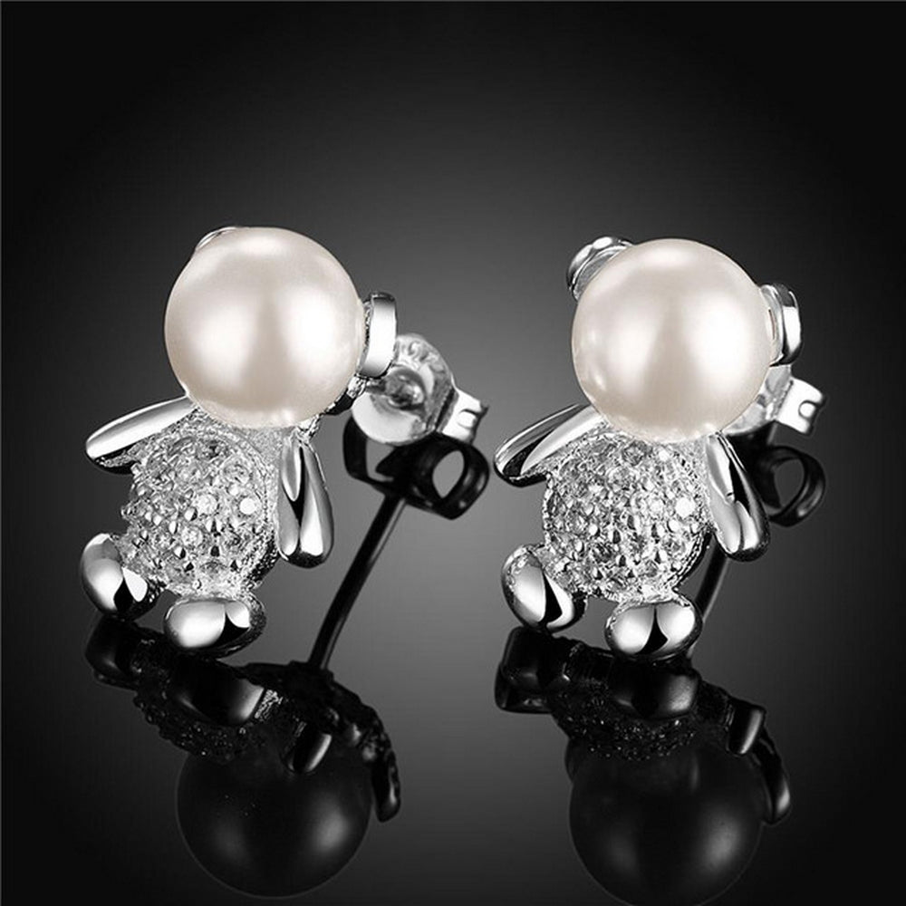 Cute silver ladies children's stud earrings teddy bear with pearl zirconia Ø 16mm