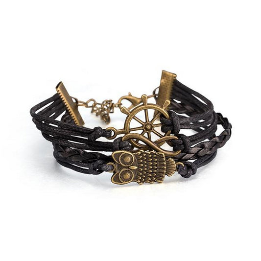 Unisex Leather Bracelet Owl Infinity Sea Surfer Style Jewelry 17cm