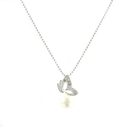 Noble pearls white ladies necklace butterfly pendant silver-plated Ø 17mm