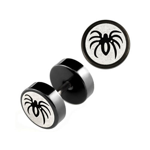 2 pieces fake plug spider logo ear studs black tunnel earring cap Ø 8mm
