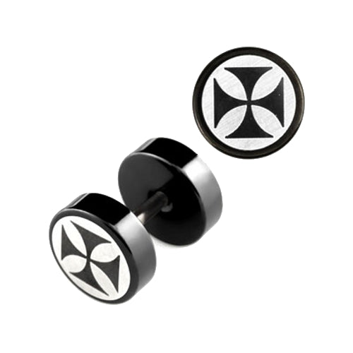 2 pieces fake plug iron cross logo ear studs black tunnel earring cap Ø 8mm