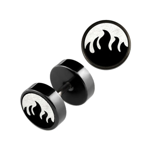 2 pieces fake plug flame logo ear studs black tunnel earring cap Ø 8mm