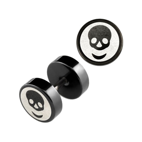 2 pieces fake plug skull logo ear studs black tunnel earring cap Ø 8mm