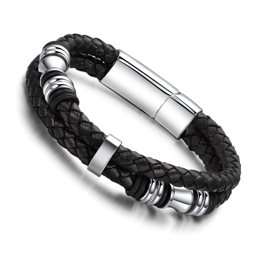 Echt Leder Herren Armband geflochten Schwarz Lederband Edelstahl Magnet 22cm