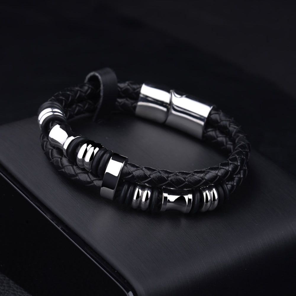Echt Leder Herren Armband geflochten Schwarz Lederband Edelstahl Magnet 22cm