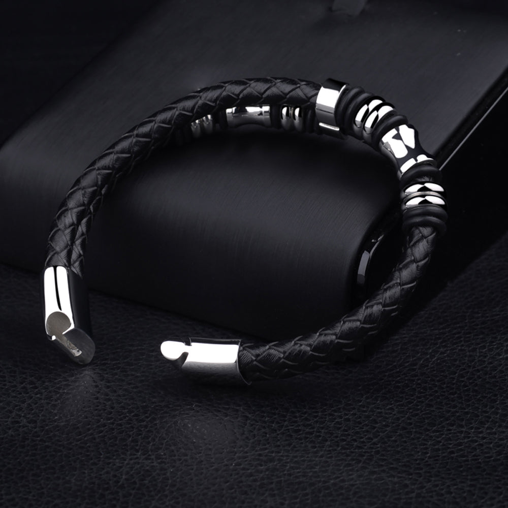 Echt Leder Herren Armband geflochten Schwarz Lederband Edelstahl Magnet 22cm