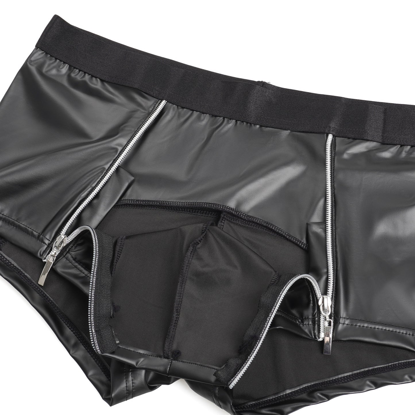Herren Wetlook Boxer in Lederoptik mit Reißverschlüssen – Schwarz - MP319