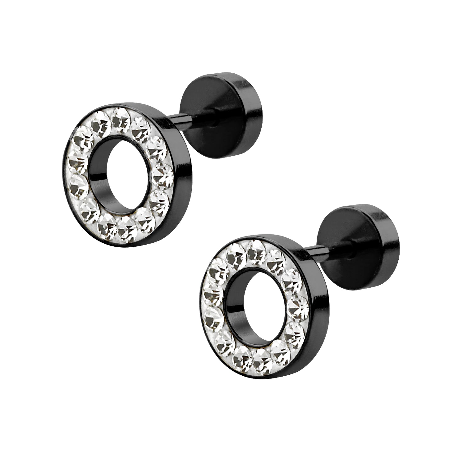 Unisex Round Fake Plug Rhinestone Tunnel Black Gold Earrings Stainless Steel Stud Earrings