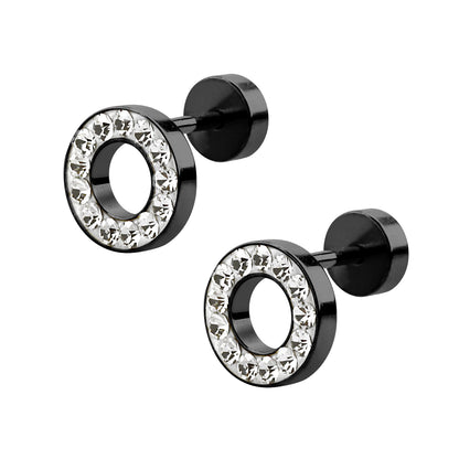 Unisex Round Fake Plug Rhinestone Tunnel Black Gold Earrings Stainless Steel Stud Earrings