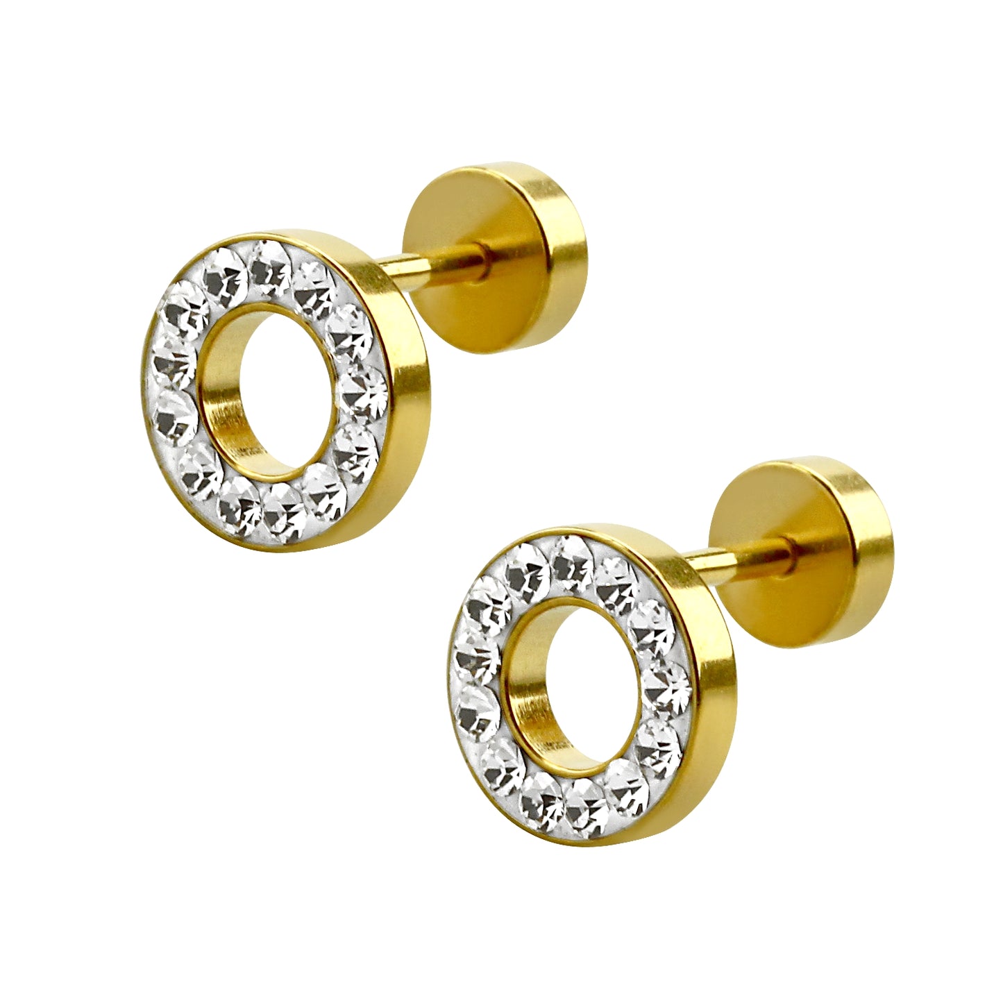 Unisex Round Fake Plug Rhinestone Tunnel Black Gold Earrings Stainless Steel Stud Earrings