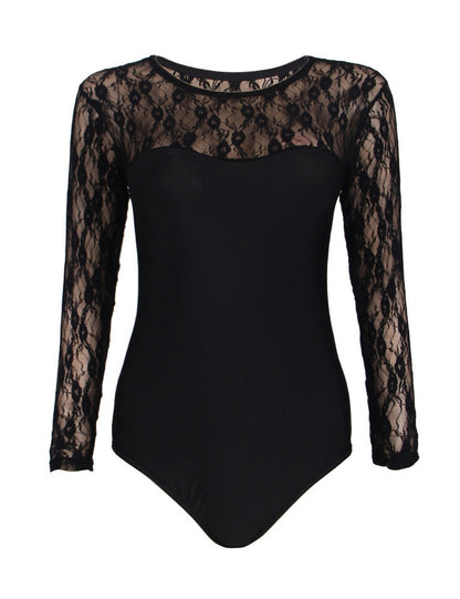 Women's Underwear Body Black White with Lace Transparent Round Neck Long Sleeve S/XL - R80372