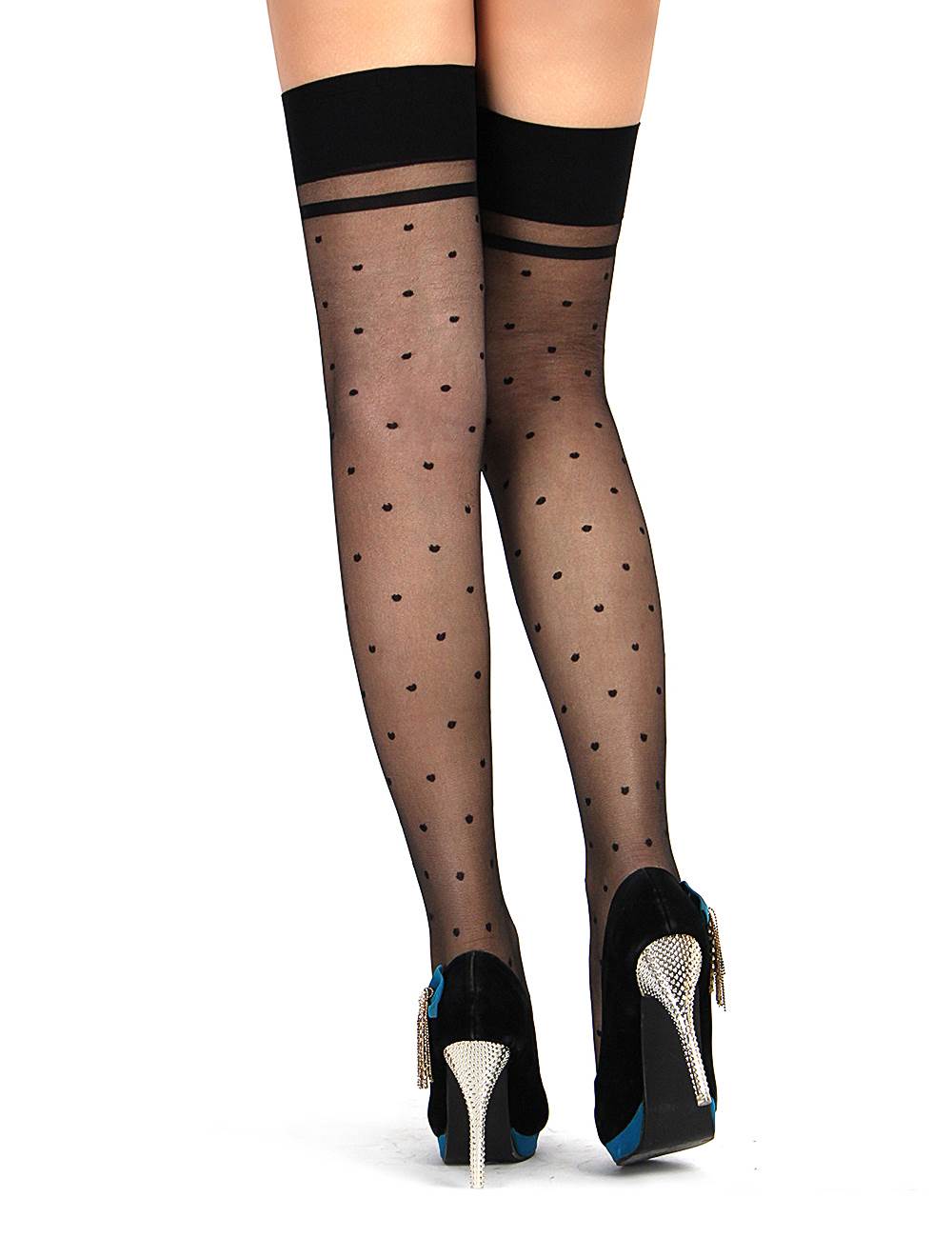 Women's Nylon Stockings with Dots and Bows Hold-Ups Overknees Black S/M/L - H2142