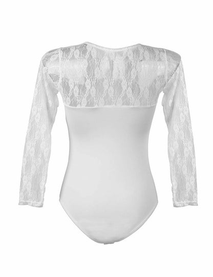 Women's Underwear Body Black White with Lace Transparent Round Neck Long Sleeve S/XL - R80372