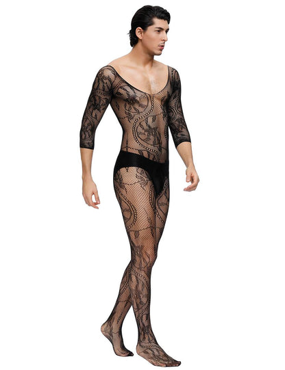 Herren Spitze Catsuit Strapse Transparenz V-Ausschnitt Body Stocking Nylon S/M/L