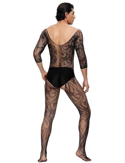 Herren Spitze Catsuit Strapse Transparenz V-Ausschnitt Body Stocking Nylon S/M/L