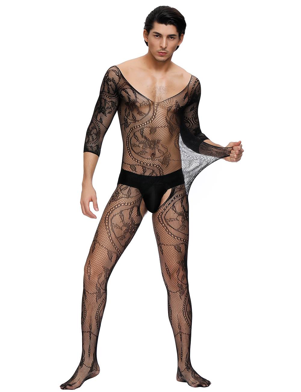 Herren Spitze Catsuit Strapse Transparenz V-Ausschnitt Body Stocking Nylon S/M/L