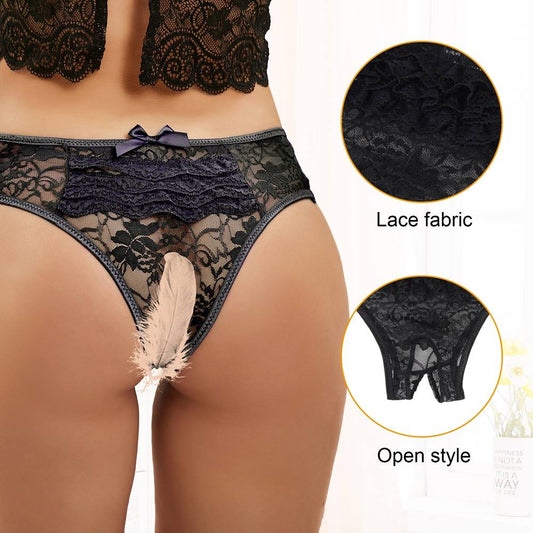Damen Spitze Slip Schwarz Blumen Offen Intim Panty Dessous Transparent S/XL
