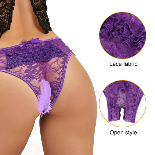 Damen Spitze Blumen Slip Transparent Lila Offen Intim Panty Dessous S/XL