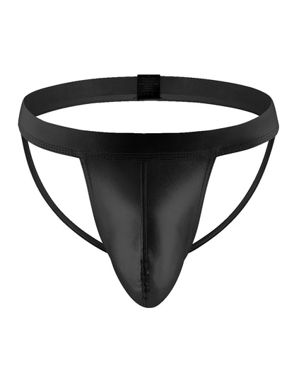 Schwarzer Wetlook-String-Tanga für Männer mit offenem Po und breitem Bund.