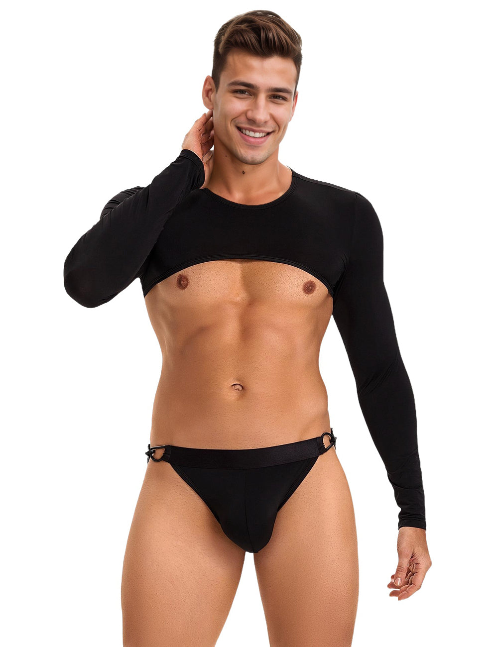 Herren Crop Top Langarm mit Jockstrap – Schwarzes Unterwäsche-Set - MP272