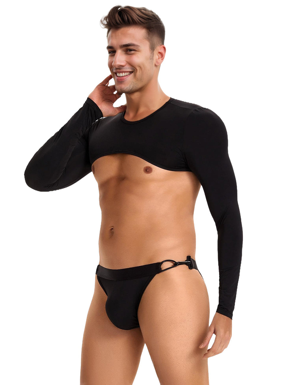Herren Crop Top Langarm mit Jockstrap – Schwarzes Unterwäsche-Set - MP272