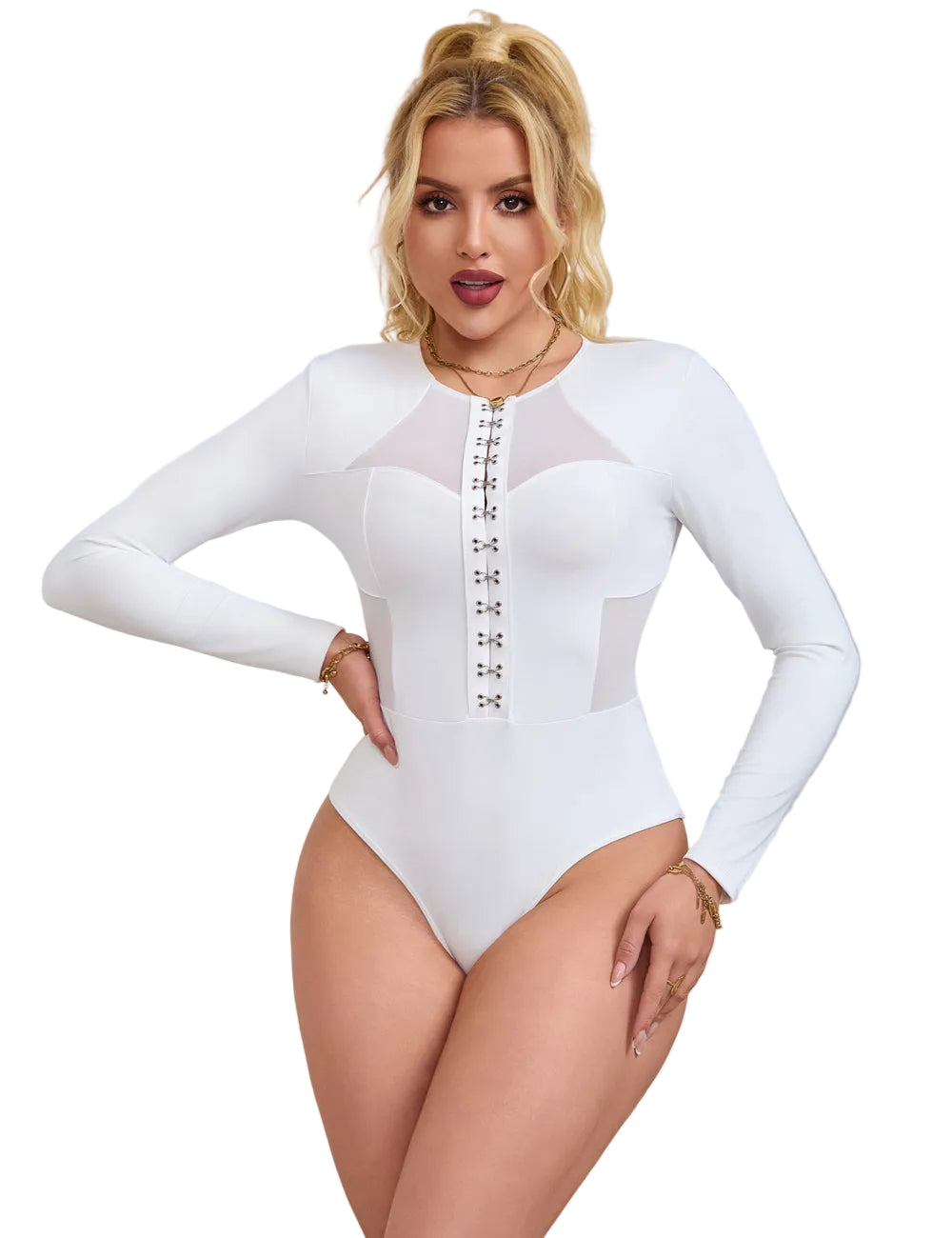Langarm Corsage Mesh Bodysuit Weiß Mit Schnallen Elegantes Design - R82272-2
