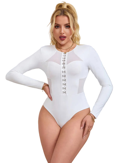 Langarm Corsage Mesh Bodysuit Weiß Mit Schnallen Elegantes Design - R82272-2