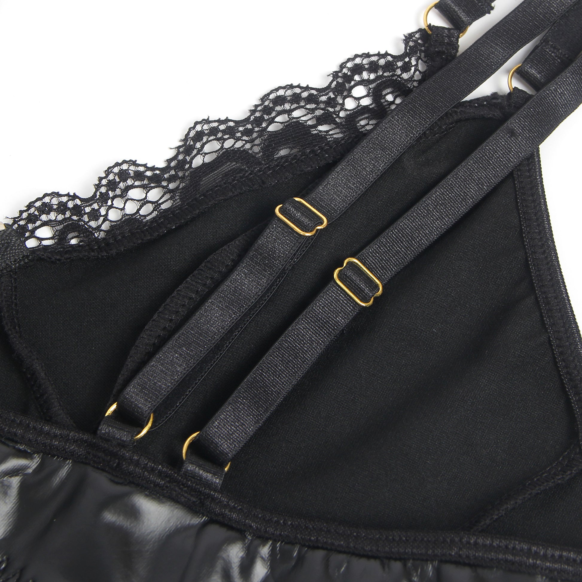 Wetlook Body Lederkleid Reißverschluss Strapse Lack Leder Strumpfband Minikleid - R81330, schwarzes PU-Leder-Dessous-Set
