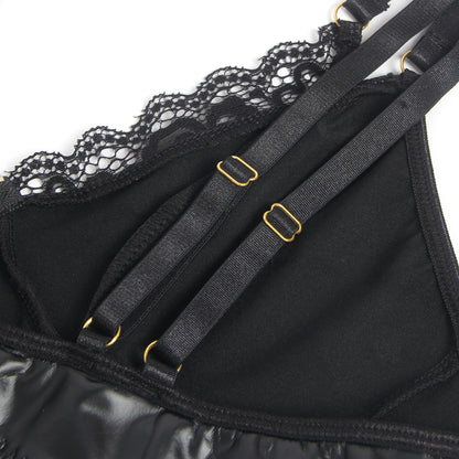 Wetlook Body Lederkleid Reißverschluss Strapse Lack Leder Strumpfband Minikleid - R81330, schwarzes PU-Leder-Dessous-Set