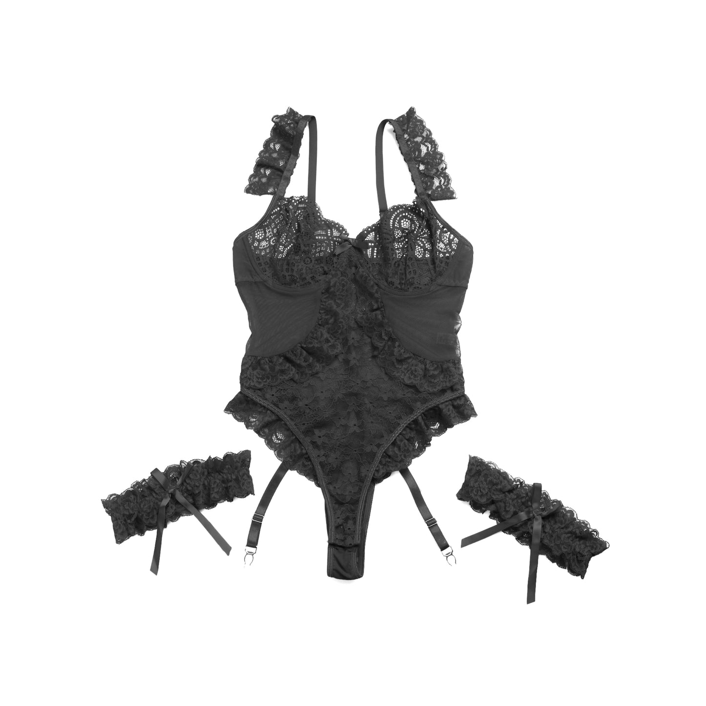 Damen Spitzen Body mit Strapshaltern – Mesh Teddy mit Beinbändern - R82110
