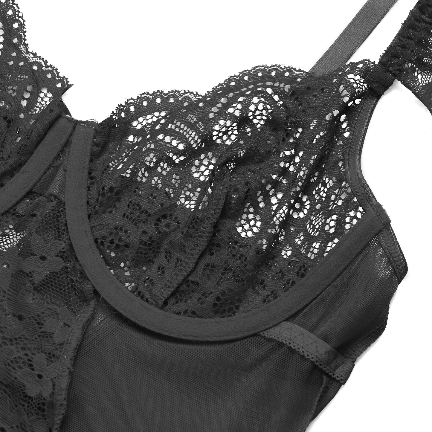Damen Spitzen Body mit Strapshaltern – Mesh Teddy mit Beinbändern - R82110