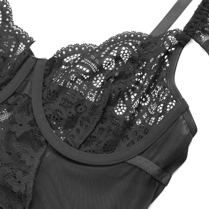 Damen Spitzen Body mit Strapshaltern – Mesh Teddy mit Beinbändern - R82110